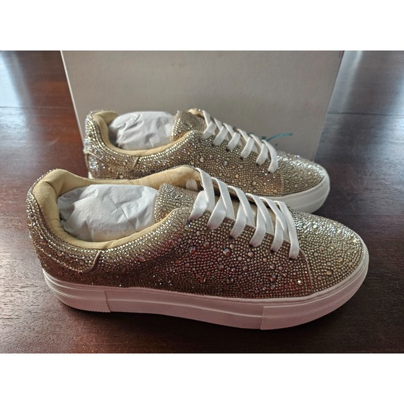 Betsey Johnson SB-Sidny Gold Rhinestone Sneakers Size 8.5 Extra Rhinestones - Picture 3 of 14